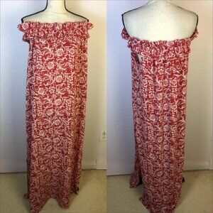 LOFT Maxi Dress Size M Womens Red & White Floral Smock Off the Shoulder Stretch